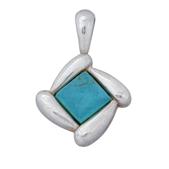 Estate Sterling Silver 925 Turquoise-Color Magnesite Square Pendant - Picture 3 of 8